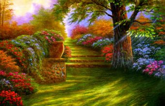 Flower Garden Fountain Hd Desktop Background Hd Wallpaper