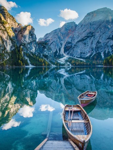 Lake Deck Boat Mountains Mirror Wallpaper - [1536x2048]