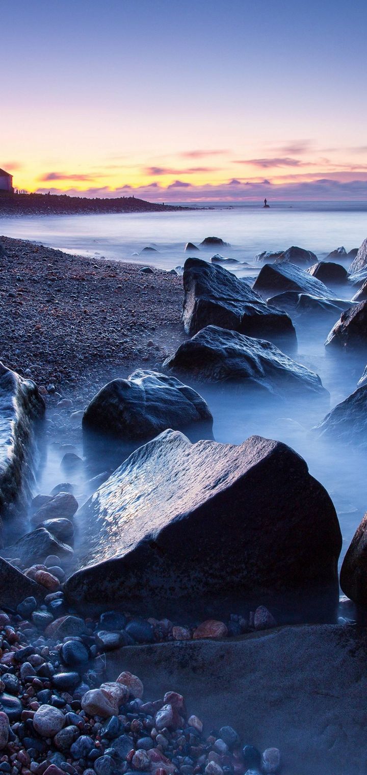 Sunset Sea Beach Rocks Lighthouse Wallpaper 720x1520